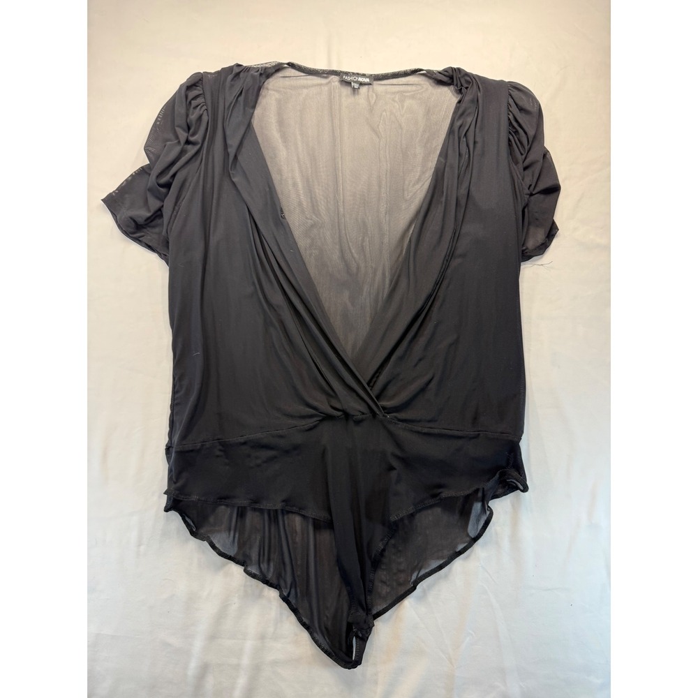 Fashion Nova Women Bodysuit 3X Black Sheer Mesh Back V-Neck Ruched Short Sleeve